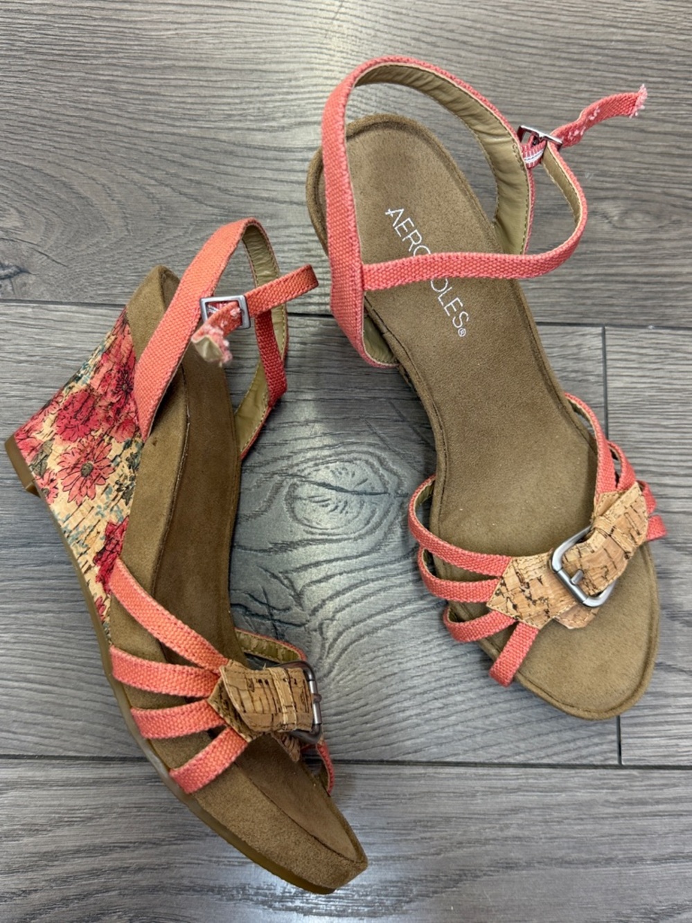 AEROSOLES Coral Strappy Wedge Sandals with Floral Cork Heel